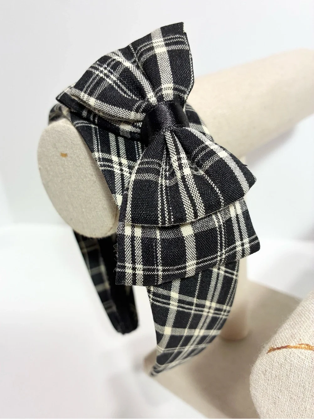 Plaid Double Bow Wide Headband Black & Ivory